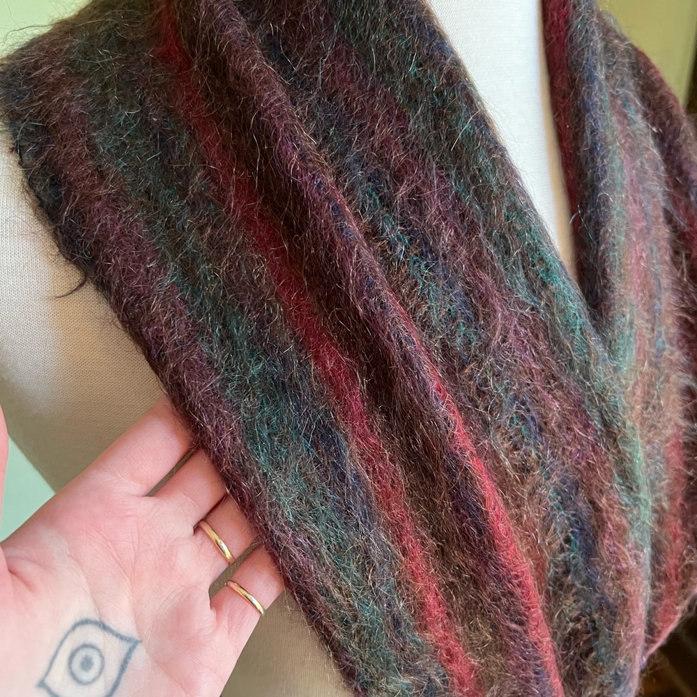 Mohair Knit Scarf, Vintage Striped Winter Shawl Scarf, Soft Wool, Plum Burgundy - Picture 4 of 8